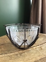 Old Polish art deco glass sugar bowl with silver-plated decoration