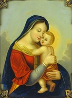 0Z235 Antik madonna Mária a kis Jézussal festmény XIX. század 1850 körül