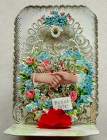 Antik kinyitható üdvözlő kártya , nem képeslap 3D térben lévő csipke virág képecskék 1909ből
