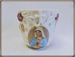 Antique porcelain mug with applique and beautiful Virgin Mary pattern