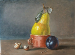 Antiipina galina: still life with pear, oil painting, canvas, 30x40cm
