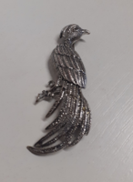 Old beautiful condition rich silver plated long feather bird of paradise brooch pin with safety pin