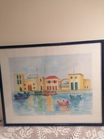 Szignált mediterrán akvarell nyomat paszpartuval, ízlésesen képként keretezve. 51x40 cm