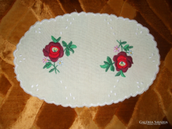 Small oval matyó pattern needlework tablecloth on sun fabric, hemmed around, unused, length: 25 Cm,