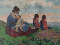 Némethy Miklós - Nagybányai tájkép ikrekkel - eredeti, sérült keretében
