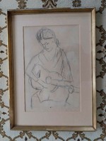 Béla Czóbel - girl playing guitar - pencil drawing - featured in the auction