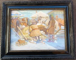 Hódi Géza festmény : Úton a hóban