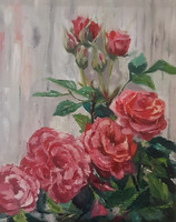 Antiipina galina: roses by the fence, oil painting, canvas, painter's knife, 50x40cm