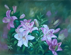 Antyipina Galina: Rózaszínű liliomok, olajfestmény, vászon, 58x75cm