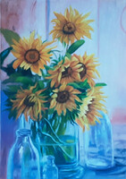 Antyipina Galina: Naproforgó virágok üvegben, olajfestmény, vászon, 70x50cm