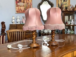 2 Colonial wood bedside lamps with a romantic shade in a pair with a twisted pattern, 39 cm