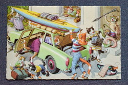 Régi retro humoros grafikus képeslap cica  család nyaraláshoz készül