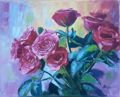 Antyipina Galina: Rózsák egy napsütéses napon, olajfestmény, vászon, 40x50cm