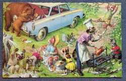 Régi retro humoros grafikus képeslap cica  - piknik . medvék a kocsinál