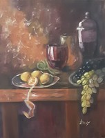 Antyipina galina: still life with lemon and grapes, oil painting, canvas, 40x50cm