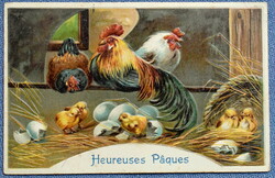 Antik dombornyomott Húsvéti litho üdvözlő képeslap - baromfiudvar / tyúk, kakas ,csibék