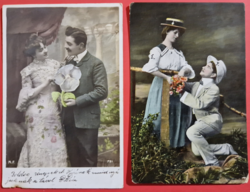 Régi szerelmes témájú színezett képeslapok 1906 és 1909-es pecsételéssel szép állapotban