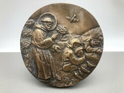 Assisi Szent Ferenc prédikál a madaraknak, jelzett bronz művészi egyházi kisplasztika