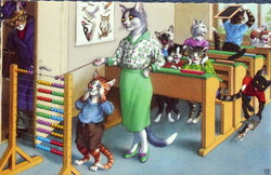 Régi retro humoros grafikus képeslap cica  - tanteremben