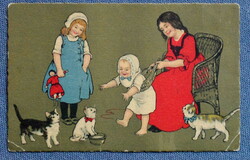Antique graphic artist postcard kitten - kittens with children