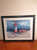 Nautical themed lighthouse with offset passepartout, tastefully framed as a picture under glass. 55 X 45cm