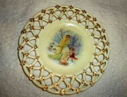 Zsolnay porcelánfajansz áttört szegélyű  tányér-1880-as évek-masszába nyomott jelzéssel