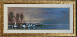 Pósa Ede: Balatoni kikötő – 23 × 66 cm, pasztell, igényes keretben