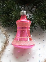 Régi üveg rózsaszín karácsonyfa dísz harang 8cm