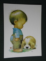 Képeslap, Ruth Morehead grafika, rajzos, kisfiú kutyával