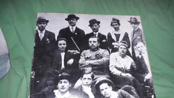 Old museum exhibition document photo (black house in Szeged) on wood panel 25x30cm socialist party group photo