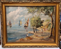 Signed Balaton landscape with sailboats oil canvas painting b... László (Banyai?)