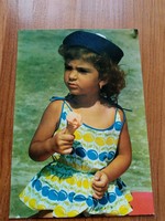 Old postcard, small child, little girl eating ice cream, postman