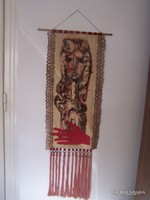 Retro batik wall tapestry with collage insert, industrial art work from around 1960 95 x 30 cm