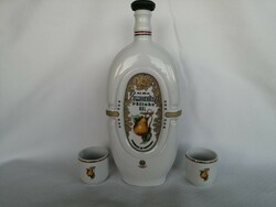 Hollóháza brandy flask / water bottle with 2 cups _ pear decor