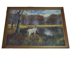 Two deer by the lake forest landscape (signed, unknown painter, original title unknown)