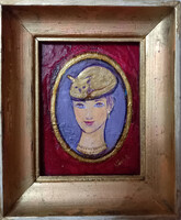 Aranycicás lány. 12x10 cm külső és 8x6 cm-es belső méretű zománc. Prima díjas művésztől KZs/1952