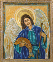 Saint Raphael the Archangel who heals, 90x85cm 2 smaller copies marked, from a premium prize winner. Károlyfi /1952