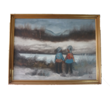 Kislányok a téli tóparton életkép (aláírva, alkotó ismeretlen, eredeti cím ismeretlen)