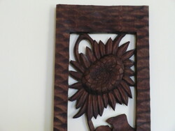 Antique sunflower carved wooden picture for wall 20x60x2 cm