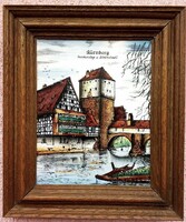 Mural painted on a ceramic board with a typical view of 18th century Nuremberg, rustic decoration