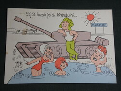 Postcard, canteen card, Púztai pál graphic artist, humorous, own car, military service in Debrecen