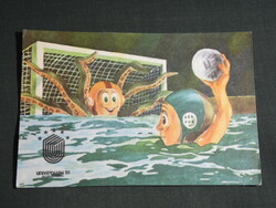 Postcard, romania bucuresti - universiada 1981, summer sports competition, graphic artist, water polo