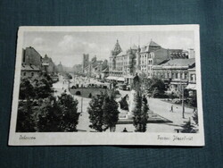 Postcard, Debrecen, Ferenc József út, Csokonai statue, skyline, street detail, tram