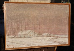 Almási Gyula Béla (1908-1975): Tél a vásárhelyi határban - nagy méretű festmény,eredeti keretezésben