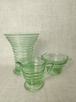 Old green glass pourer, vase, sugar bowl