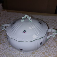 Zsolnay zöld lüszteres szélű, lila virágos, porclán leveses tál