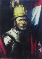 1Q169 Szegvári Károly : Keretezett páncélos katona nyomat 49.5 x 38.5 cm