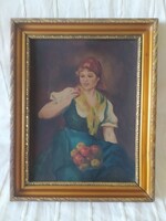 Antik festmény: Almaárus lány hibátlan olaj, karton festmény, eredeti keretében, szignált, 38x32 cm