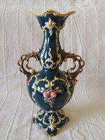 Antique baroque style majolica vase with two handles, plastic decor, large size, 38 cm