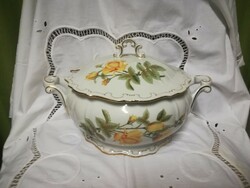 Zsolnay porcelain soup bowl with yellow rose decoration